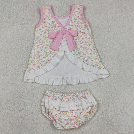 Baby Girls Clothes Sleeveless Colorful Flowers Back Bow Tunic Bummies Clothes Sets GBO0518