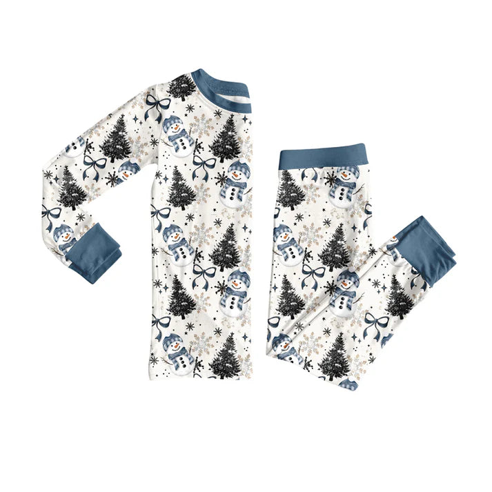 Preorder (moq 5)Baby Girls Long Sleeves Blue Bows Snowman Plaid Top Pants Pajamas Set 7.29