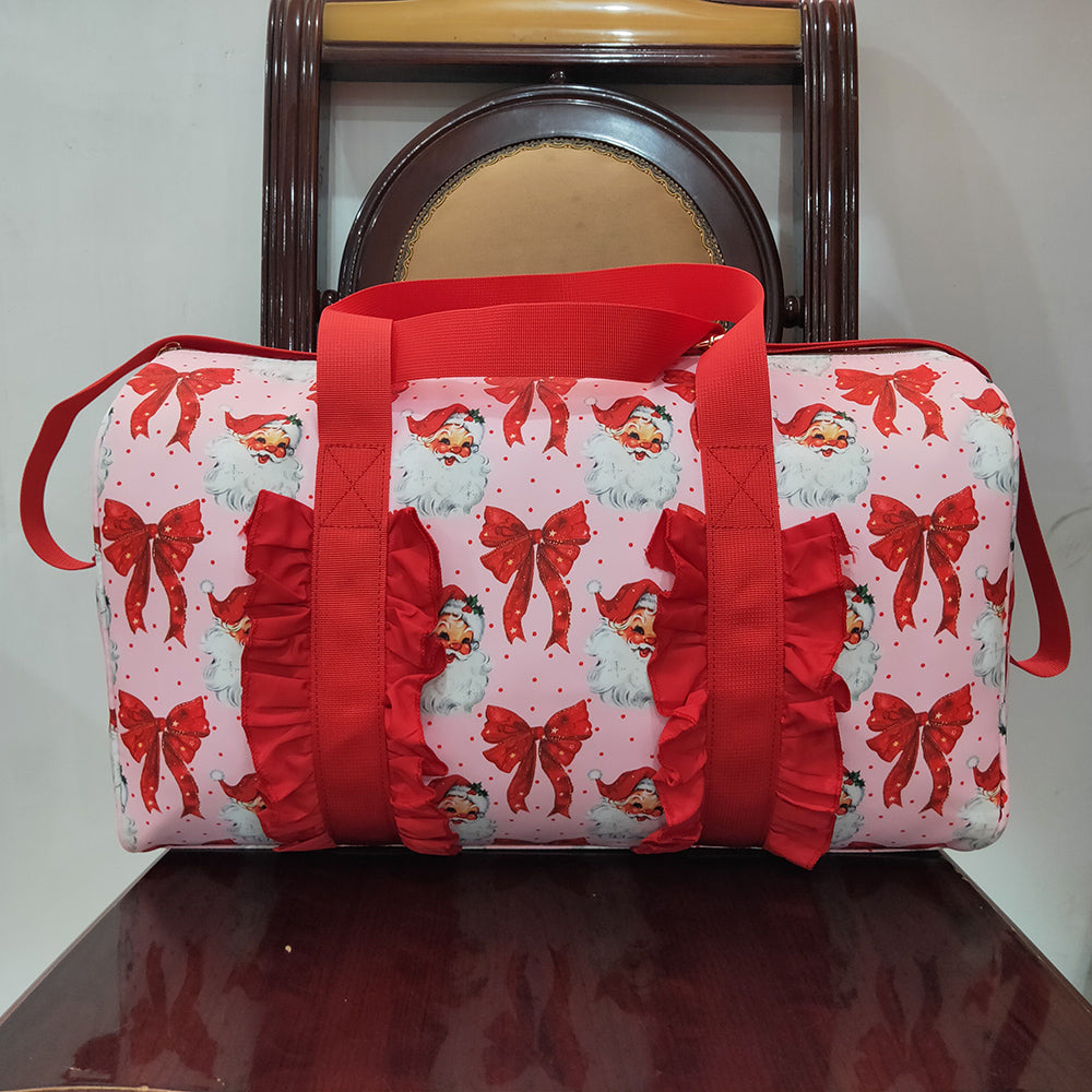 Kids Girls Bags Christmas Red Ruffle Bows Santa Print Zipper Gym Bags BA0306 7.7