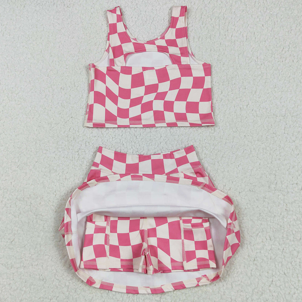 Baby Girls Clothes Sleeveless Pink Plaid Top Skort Yoga Sets GSD2329 5.10