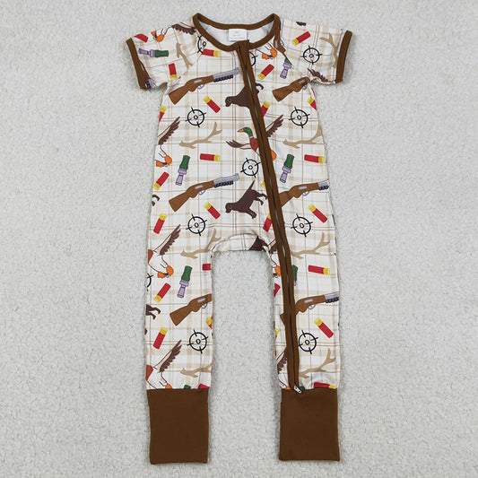 Baby Boys Rompers Khaki Checked Dogs Ducks Hunting Two Way Zip Convertible Rompers SR3497 12.23