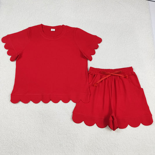 Adult Women Clothes Red Shorts Sleeve Shirts Top Scallop Short Clothes Sets GSSO3205