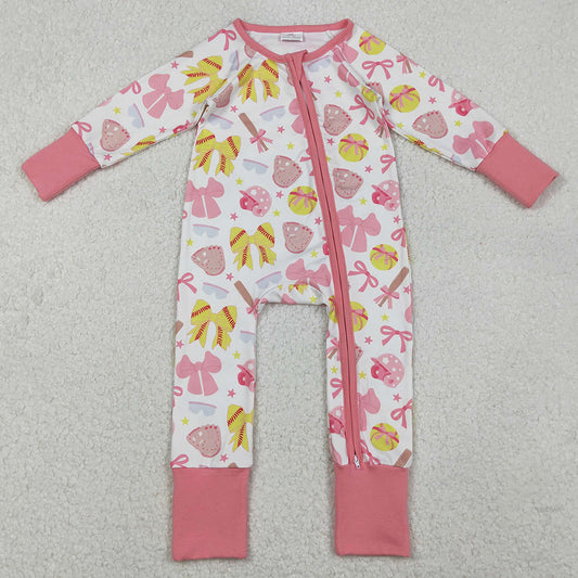Baby Girls Rompers Pink Yellow Baseballs Bows Team Zipper Footie Rompers LR2705 10.20