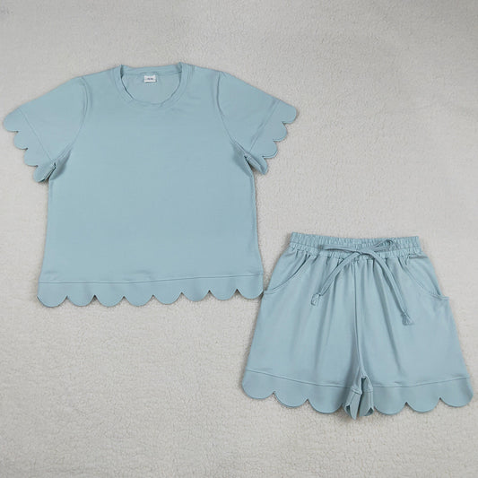 Adult Women Clothes Light Blue Shirts Top Scallop Short Clothes Sets GSSO3202