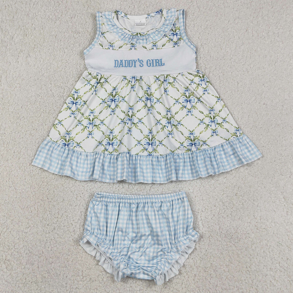 Baby Girls Clothes Embroidery Daddy's Girl Bows Floral Checked Tunic Bummies Clothes Sets GBO0512