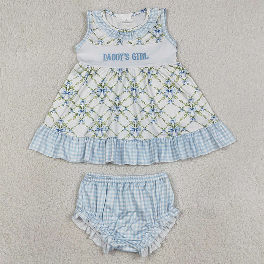 Baby Girls Clothes Embroidery Daddy's Girl Bows Floral Checked Tunic Bummies Clothes Sets GBO0512
