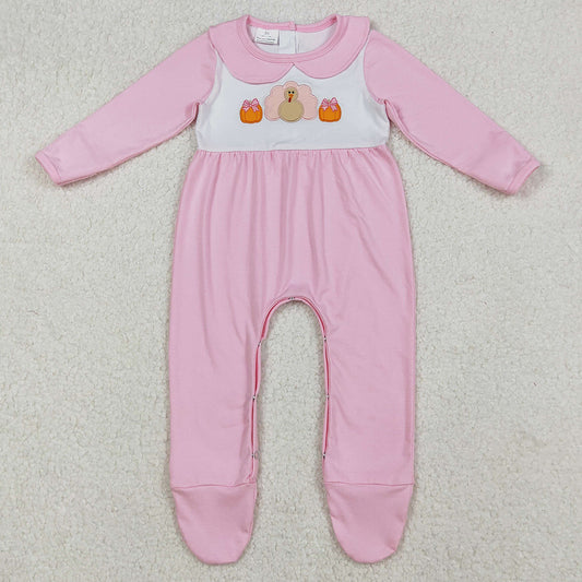 Baby Girls Rompers Embroidery Pumpkins Turkey Thanksgiving Pink Fall Footed Rompers LR2563 10.2