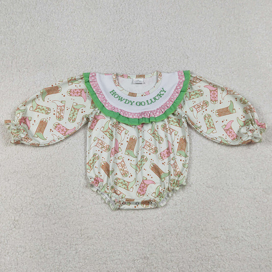 Baby Girls Rompers Embroidery Howdy Go Lucky Boots Stars Western Ruffle Rompers LR2840 12.20