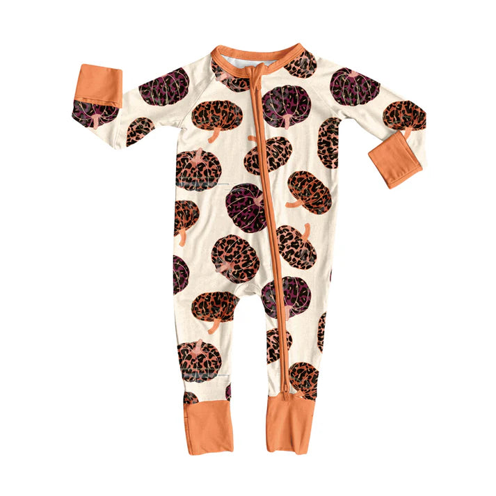Preorder(moq 5)Baby Girls Leopard Pumpkins Plaid Zipper Pant Rompers 7.26