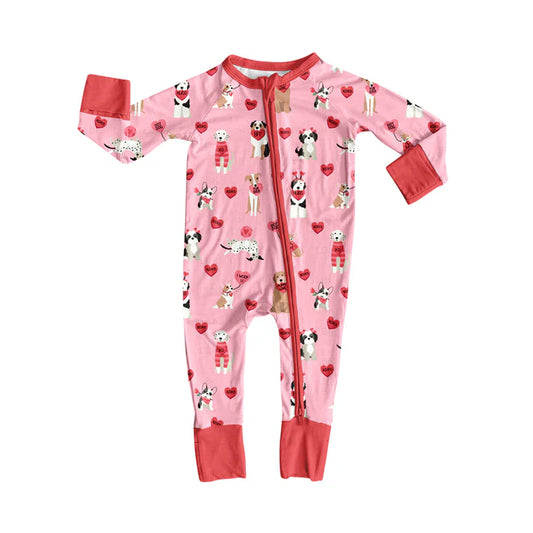 Preorder (moq 5)Baby Girls Pink XOXO Hearts Dogs Valentines Two Way Zip Convertible Rompers 12.8