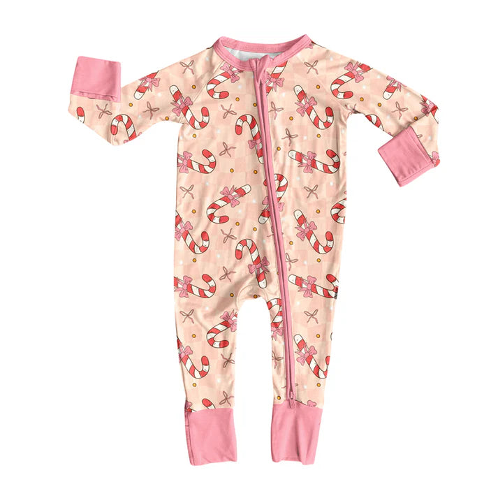 Preorder (moq 5)Baby Girls Pink Long Sleeves Bows Candy Cane Plaid Zipper Romper 7.3