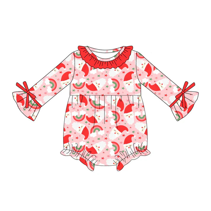 Preorder (moq 5)Baby Girls Long Sleeves Red Rainbows Santa Ruffle Rompers 5.17