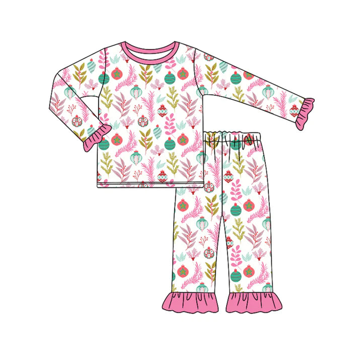 Preorder (moq 5)Baby Girls Long Ruffle Sleeves Lights Floral Top Pant Pajamas Set 6.17