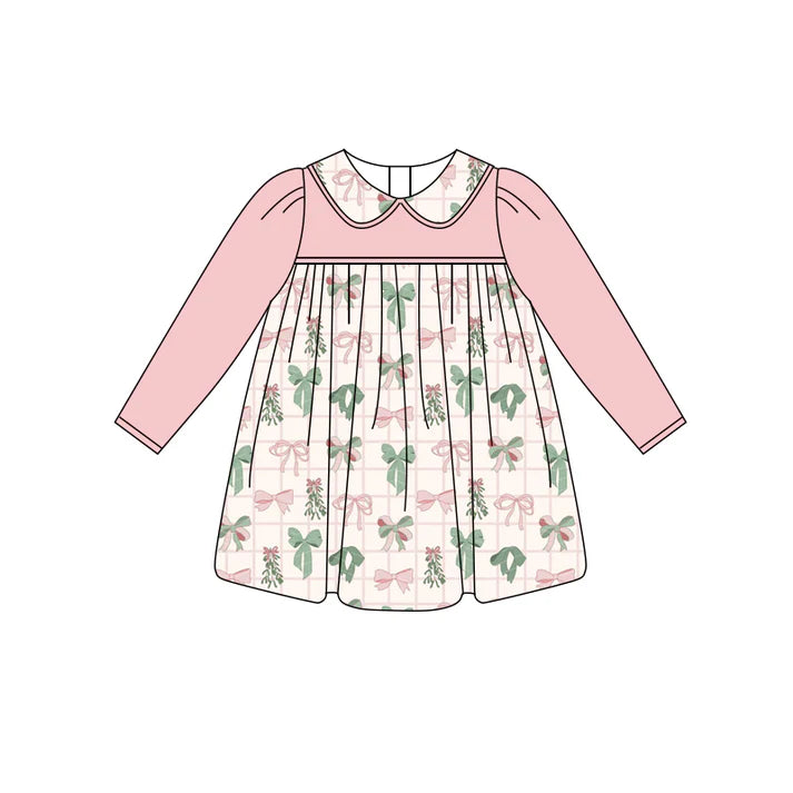 Preorder (moq 5)Baby Girls Peach Long Sleeves Colorful Bows Plaid Knee Length Dresses 6.12