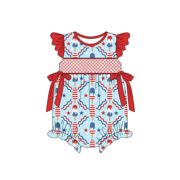 Preorder(moq 5)Baby Infant Girls Red Flutter Sleeves Stars Popsicle Bows 4th Of July Ruffle Rompers 5.15