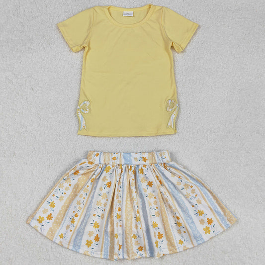 Baby Girls Clothes Yellow Bow Embroidery Top Flowers Skort Skirt Clothes Sets GSD1716