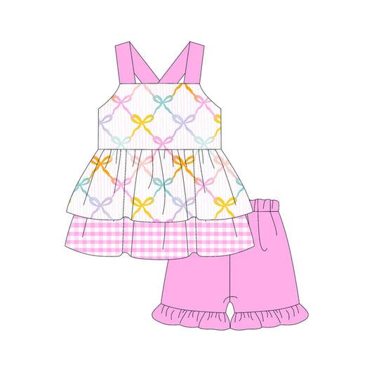 Preorder (moq 5)Baby Girls Pink Strap Colorful Bows Tunic Ruffle Short Set 5.14