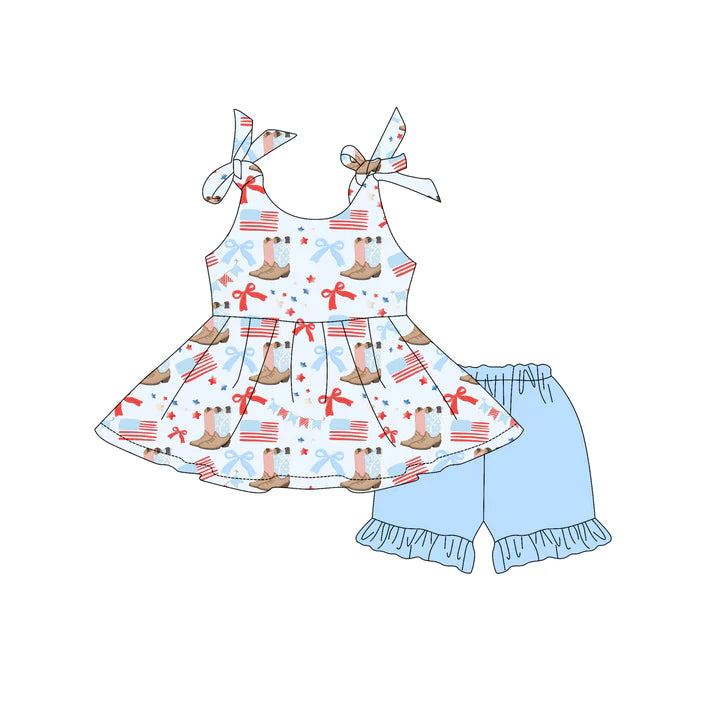 Preorder moq 5 Baby Girls Blue Strap Flags Boots Bows Tunic Ruffle Short 4th Of July Set 4.23