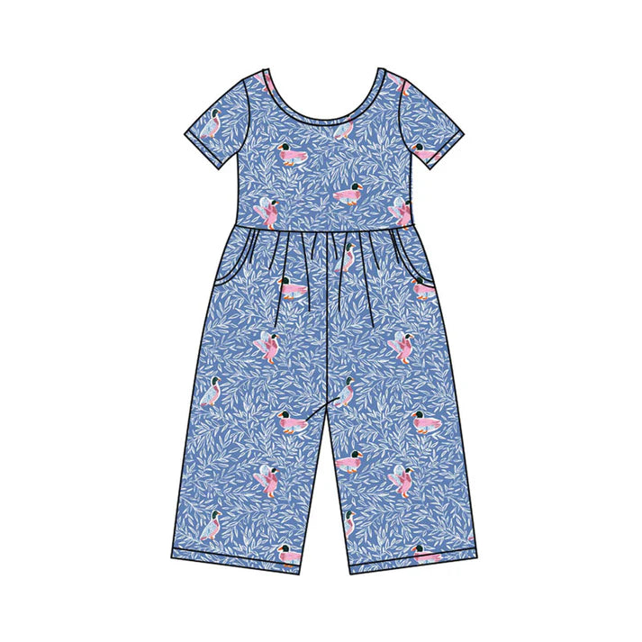 Preorder(moq 8)Baby Girls Blue Floral Ducks Pockets Pant Jumpsuits 9.27
