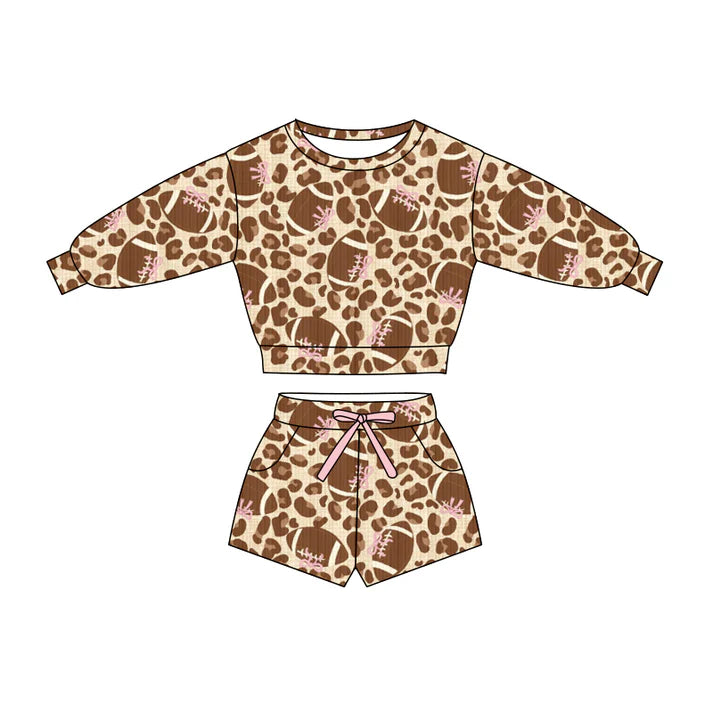 Preorder (moq 5)Baby Girls Bow Footballs Leopard Top Pockets Shorts Team Clothes Sets 11.26