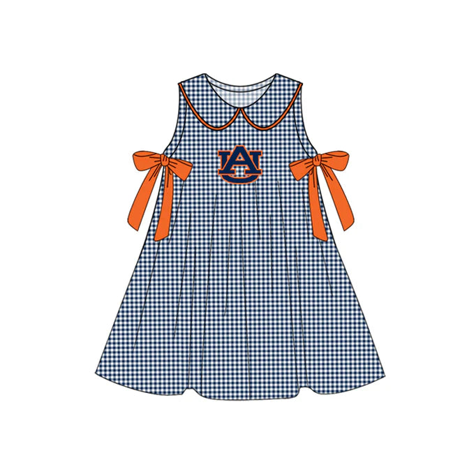 Preorder (moq 5)Baby Girls Navy Plaid Sleeveless Bows AU Team Knee Length Dresses 7.10