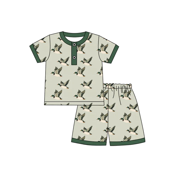 Preorder moq 5 Baby Boys Green Short Sleeves Ducks Button Top Short Pajamas Set 4.14