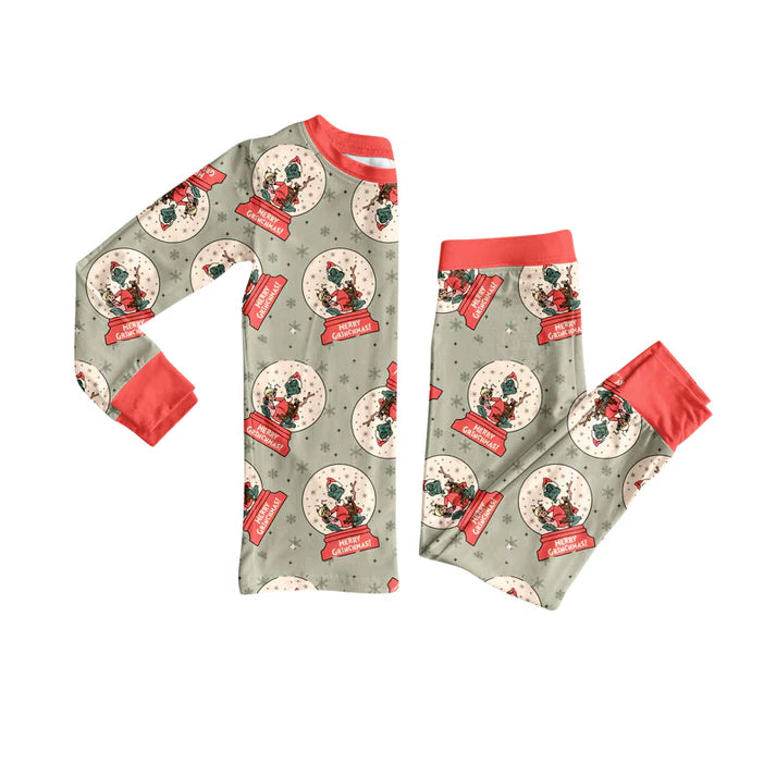 Preorder (moq 5)Baby Girls Green Face Merry Christmas Top Pant Pajamas Set 8.4