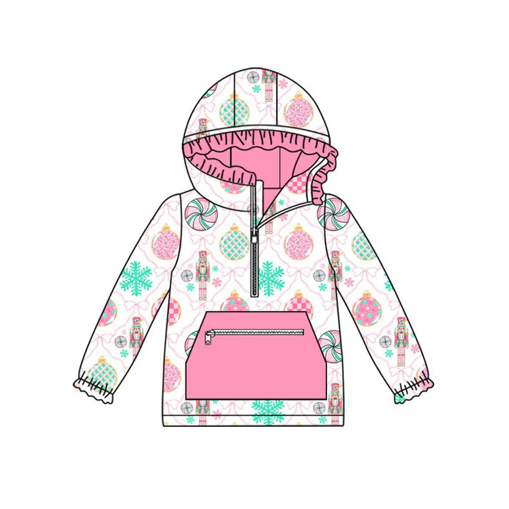 Preorder (moq 8)Baby Girls Pink Bows Soldiers Pocket Zipper Christmas Ruffle Hoodies Top 9.10
