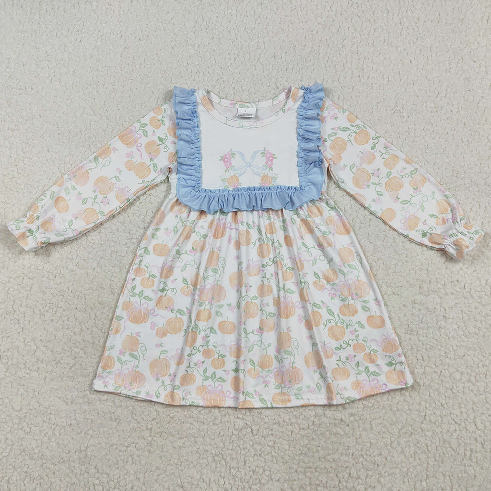Baby Girls Dress Long Sleeves Blue Pumpkins Knee Length Dresses GLD1084 7.10