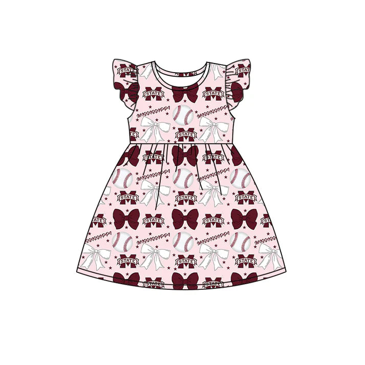 Preorder (moq 5)Baby Girls Flutter Sleeves Baseballs Bows M State Team Knee Length Dresses 6.16