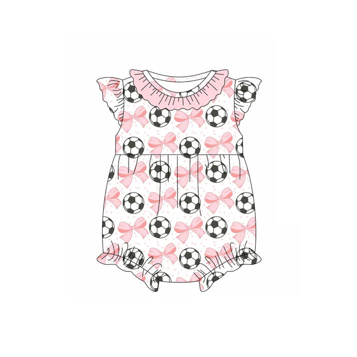 Preorder (moq 5)Baby Girls Pink Flutter Sleeves Bows Footballs Ruffle Rompers 4.24