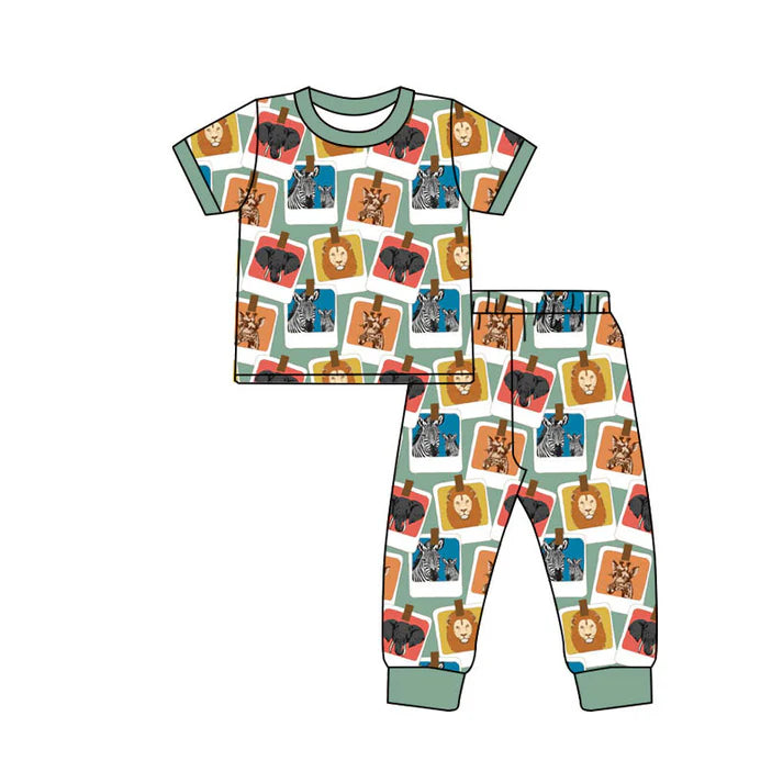 Preorder (moq 5)Baby Boys Animals Checked Top Pants Hunting Pajamas Sets 11.25