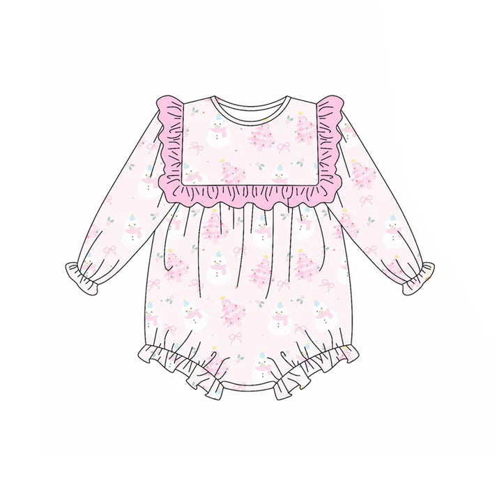 Preorder (moq 5)Baby Girls Long Sleeves Pink Snowmen Trees Ruffle Rompers 5.17