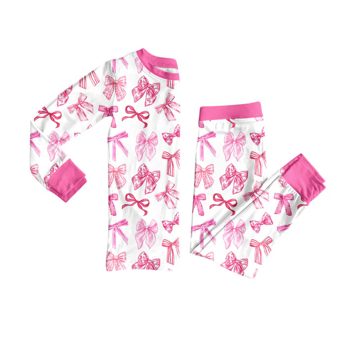 Preorder (moq 5)Baby Girls Long Sleeves Pink Bows Plaid Top Pants Pajamas Set 7.29