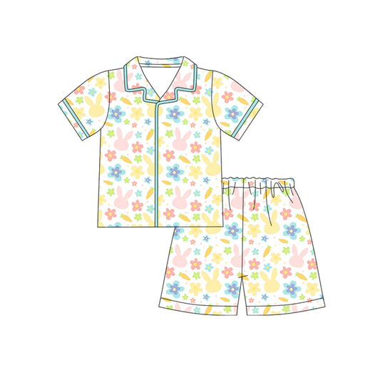 Preorder (moq 5)Baby Girls Rabbits Carrots Flowers Button Top Shorts Easter Pajamas Sets 12.12