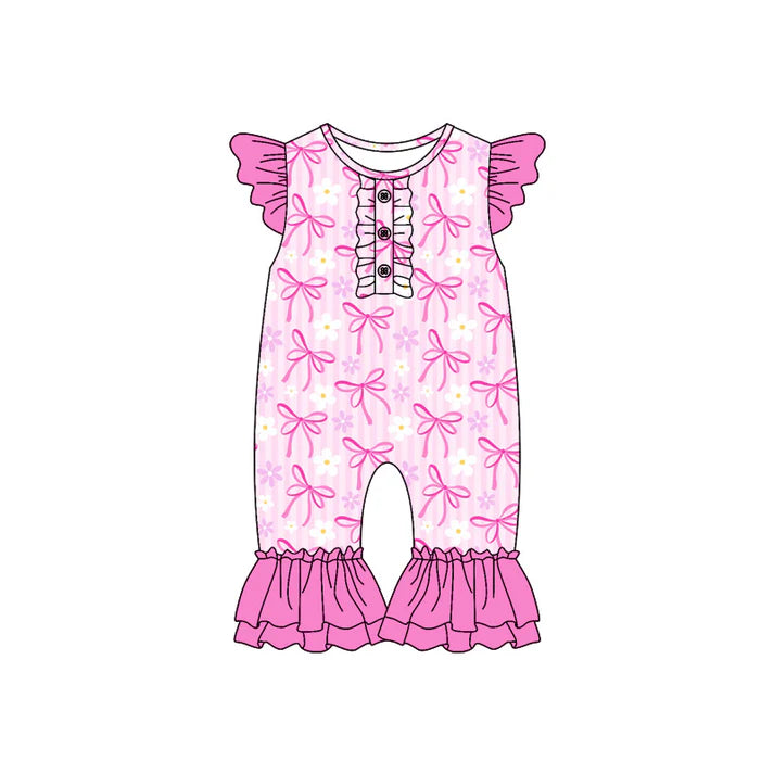 Preorder (moq 5)Baby Girls Hot Pink Bows Flowers Flutter Sleeve Rompers 6.9