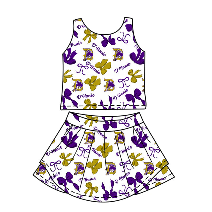 Preorder (moq 5)Baby Girls Purple Sleeveless Horse Rodeos Bows Plaid Top Skorts Team Set 6.30