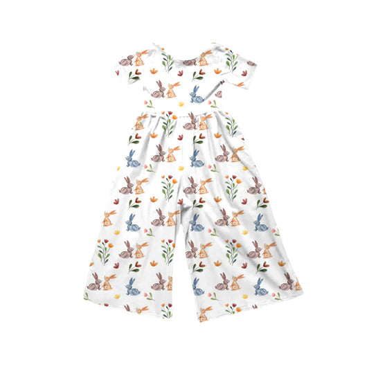 Preorder (moq 5)Baby Girls Short Sleeve Colorful Flowers Rabbits Easter Jumpsuits 12.6