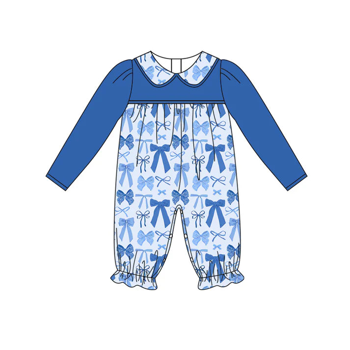 Preorder (moq 5)Baby Girls Hot Blue Long Sleeves Bows Plaid Ruffle Pant Rompers 5.27