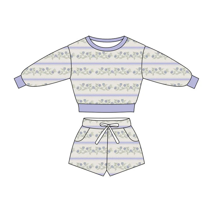 Preorder(moq 5) Baby Girls Lavender Flowers Stripe Long Sleeve Pockets Shorts Clothes Sets 10.27