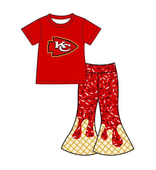 Preorder (moq 5)Baby Girls Red KC Top Drip Sprinkles Bell Bottom Pants Team Clothes Sets 11.27