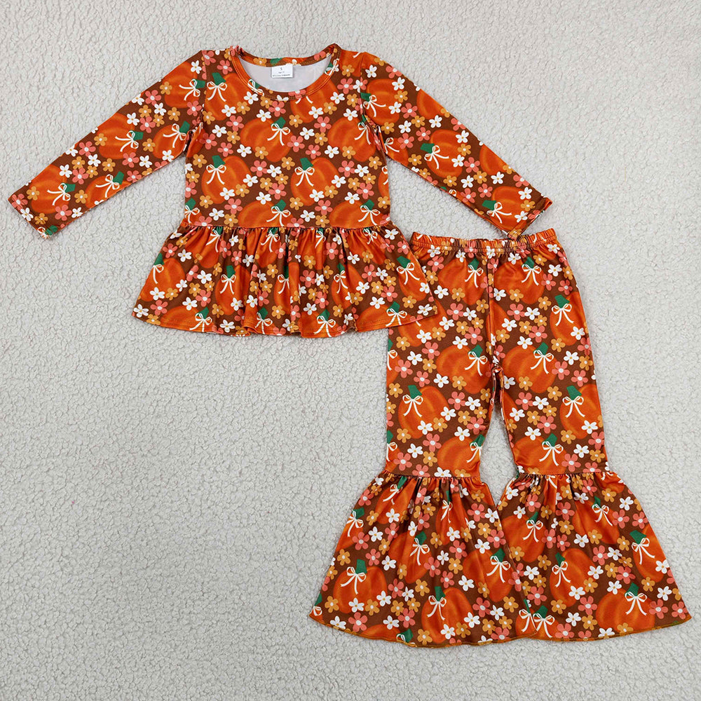 Baby Girls Clothes Bows Pumpkins Flowers Tunic Bell Bottom Pant Fall Clothes Sets GLP3343