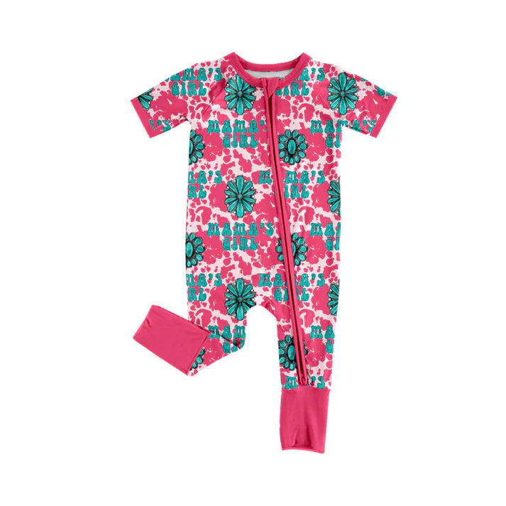 Preorder (moq 5)Baby Mama's Girl Turquoises Cow Print Western Two Way Zip Convertible Rompers 11.25