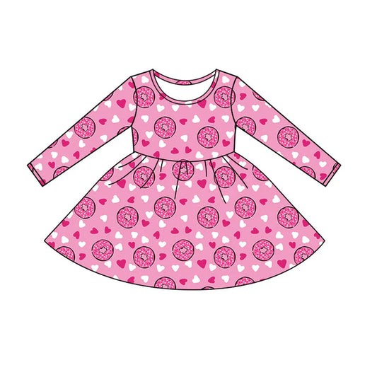 Preorder (moq 5)Baby Girls Pink Donuts Hearts Valentines Knee Length Dresses 11.20