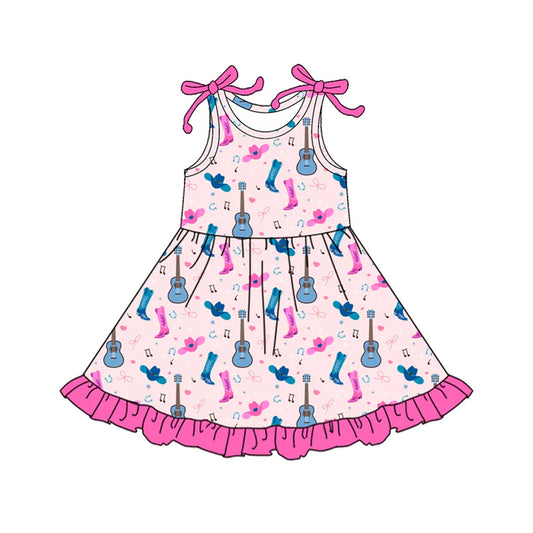 Preorder (moq 5)Baby Girls Bows Sleeveless Hats Boot Guitars Western Ruffle Knee Length Dresses 12.18
