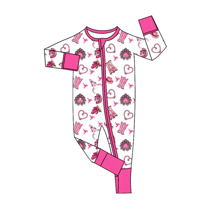Preorder (moq 5)Baby Girls Boots Cactus Hearts Western Two Way Zip Convertible Rompers 11.8