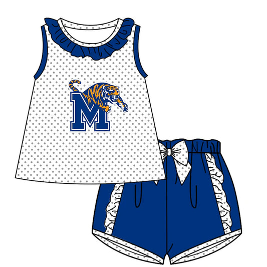 Preorder (moq 5)Baby Girls Polka Dots M Tiger Collar Tunic Ruffle Shorts Team Clothes Sets 12.15