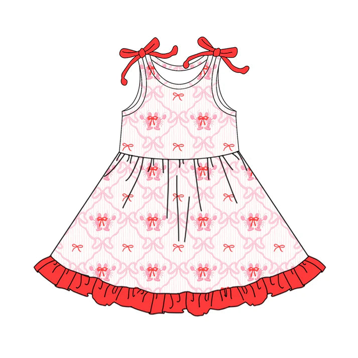 Preorder (moq 5)Baby Girls Sleeveless Bows Crayfishes Checked Ruffle Knee Length Dresses 12.17