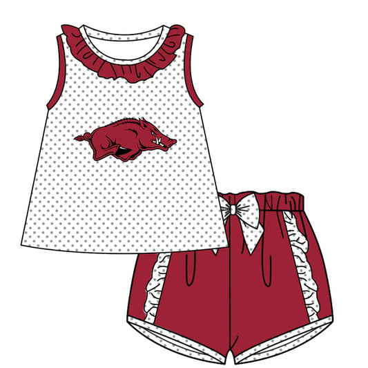 Preorder (moq 5)Baby Girls Polka Dots Red Bulls Collar Tunic Ruffle Shorts Team Clothes Sets 12.15