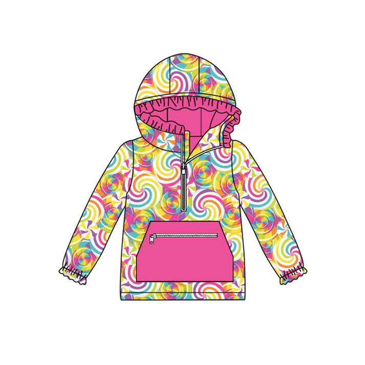 Preorder (moq 5)Baby Girls Pink Colorful Candy Pockets Zipper Ruffle Hoodies Top 9.6